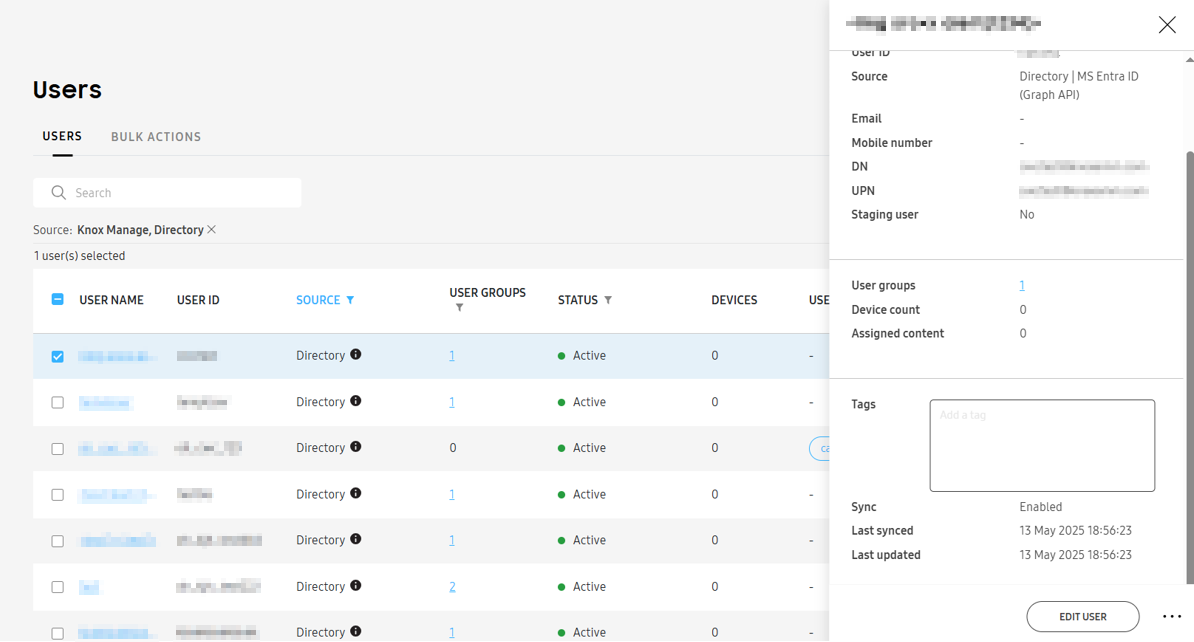 The sliding panel where you can manage the user's sync settings.