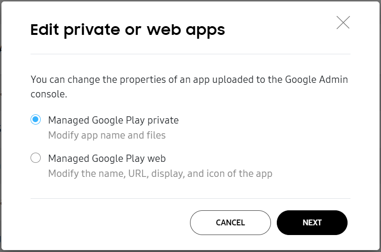 Edit private or web app dialog