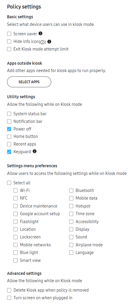 Kiosk policy settings