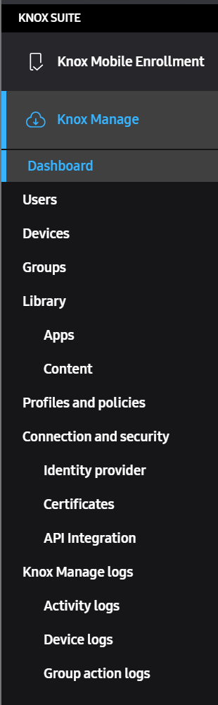 The navigation pane of the Knox Admin Portal, with a Knox Manage entry under Knox Mobile Enrollment, demonstrating a single unified interface.