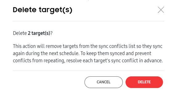 The Delete target(s) dialog on the Manage sync conflicts page.