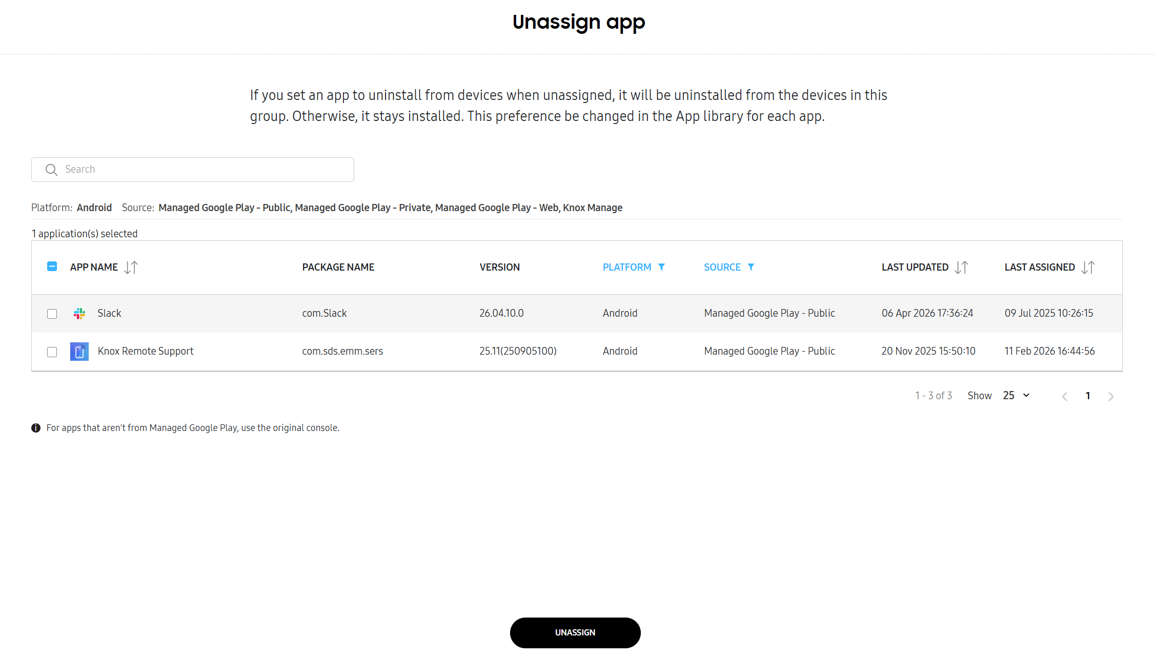 Unassign app page