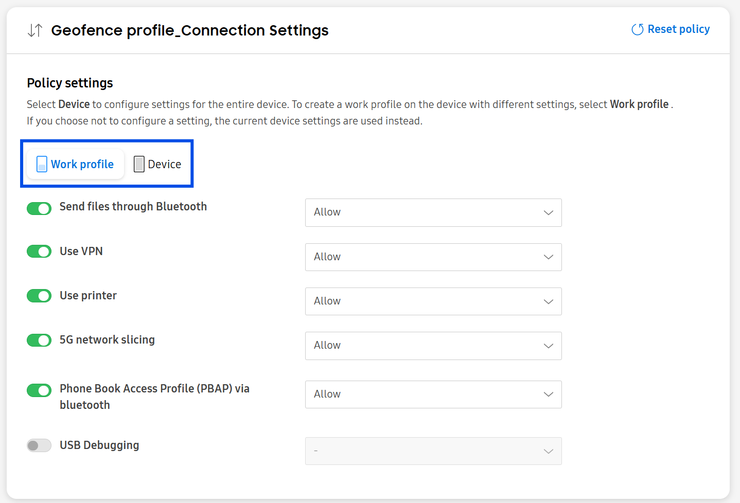 The tabs to switch between policies for the Work profile and device.