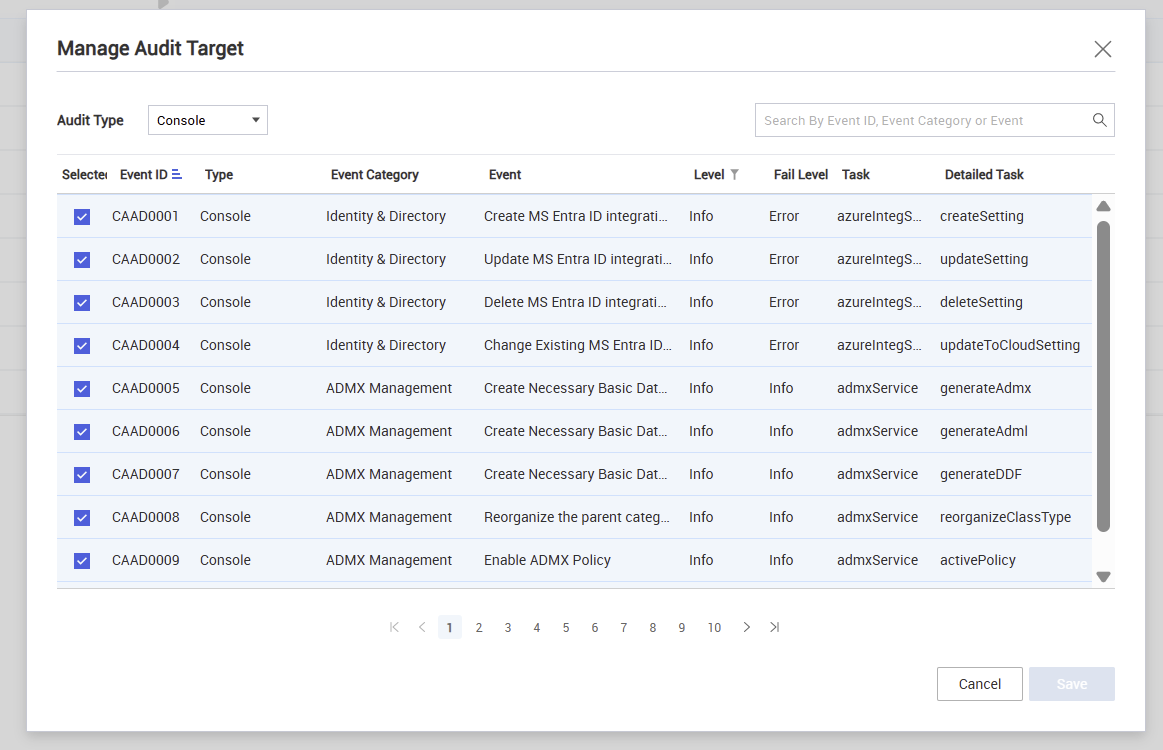Specify which audit events should be logged