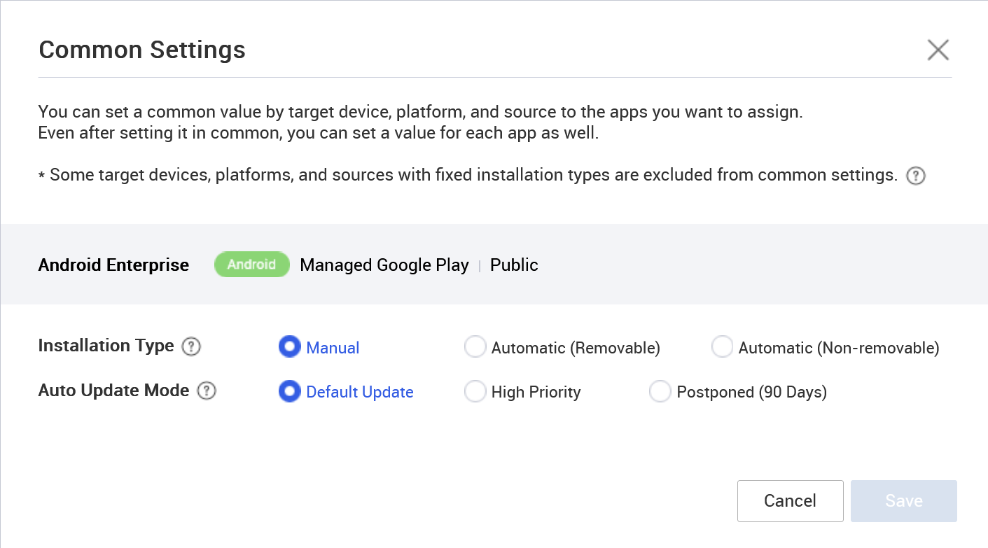 Configuring the assignment settings multiple MGP apps in the Common Settings dialog.