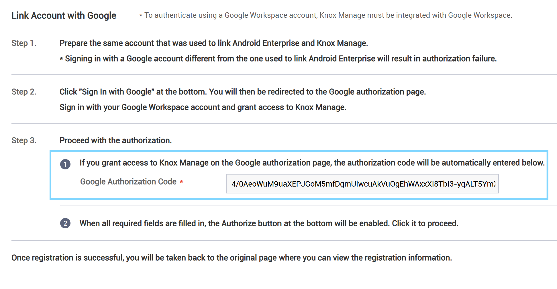 An image of a generated Google Authorization Code.