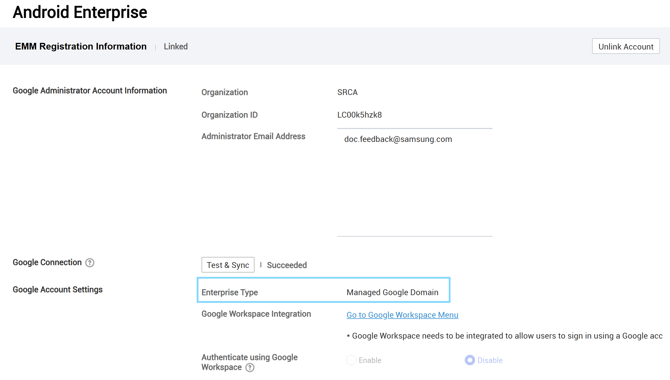 An image of an account that displays Managed Google Domain.