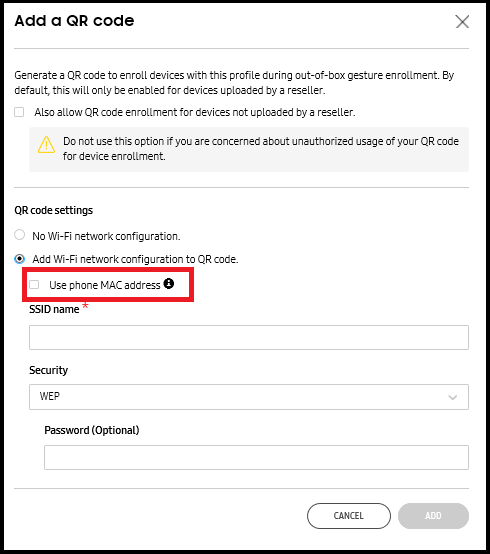 qr code enrollment using non-randomized MAC address