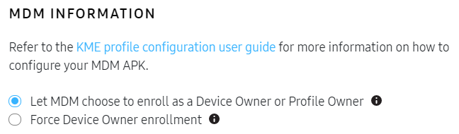 Options available for KME android Enterprise profile creation