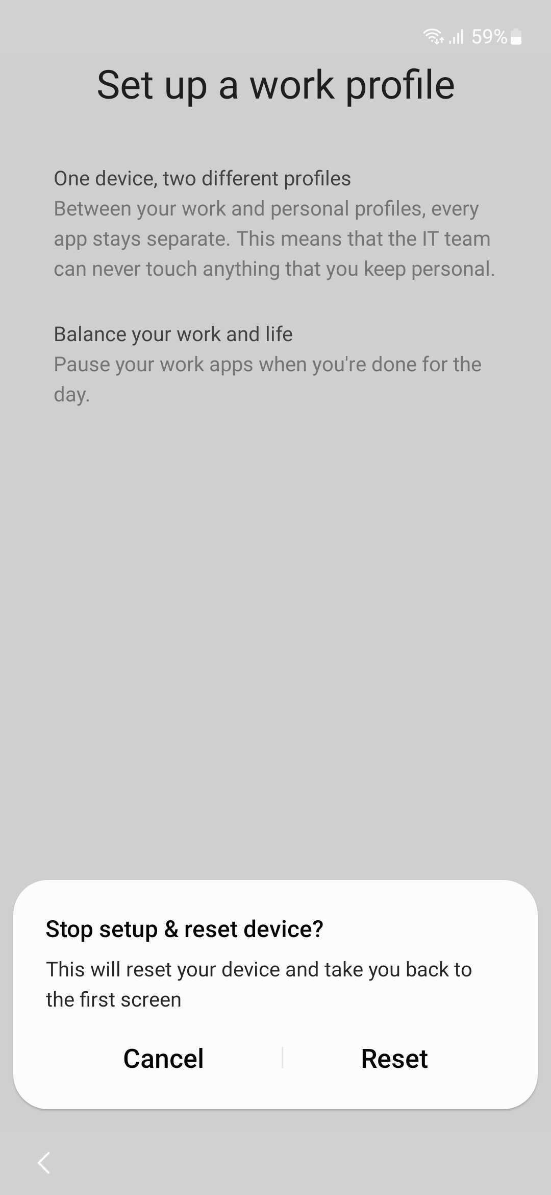 reset device prompt for work profile