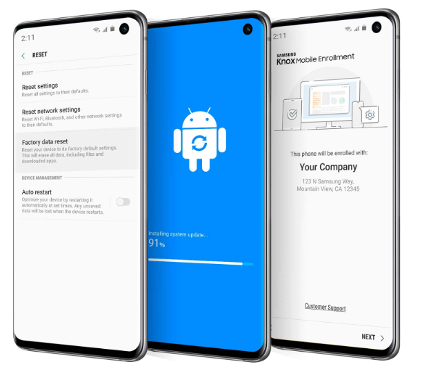 Three Galaxy phones side by side, showing screens at different stages of enrollment.