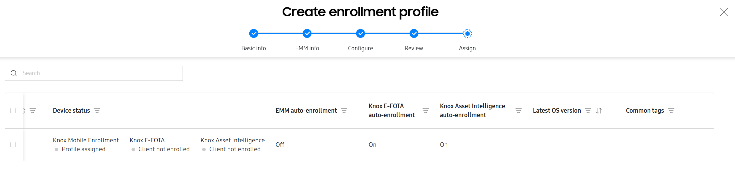 View the auto-enrollment status for EMM, Knox E-FOTA, and Knox Asset Intelligence.