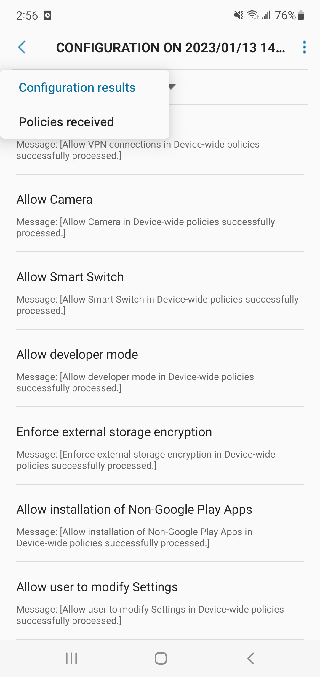 tap configuration results